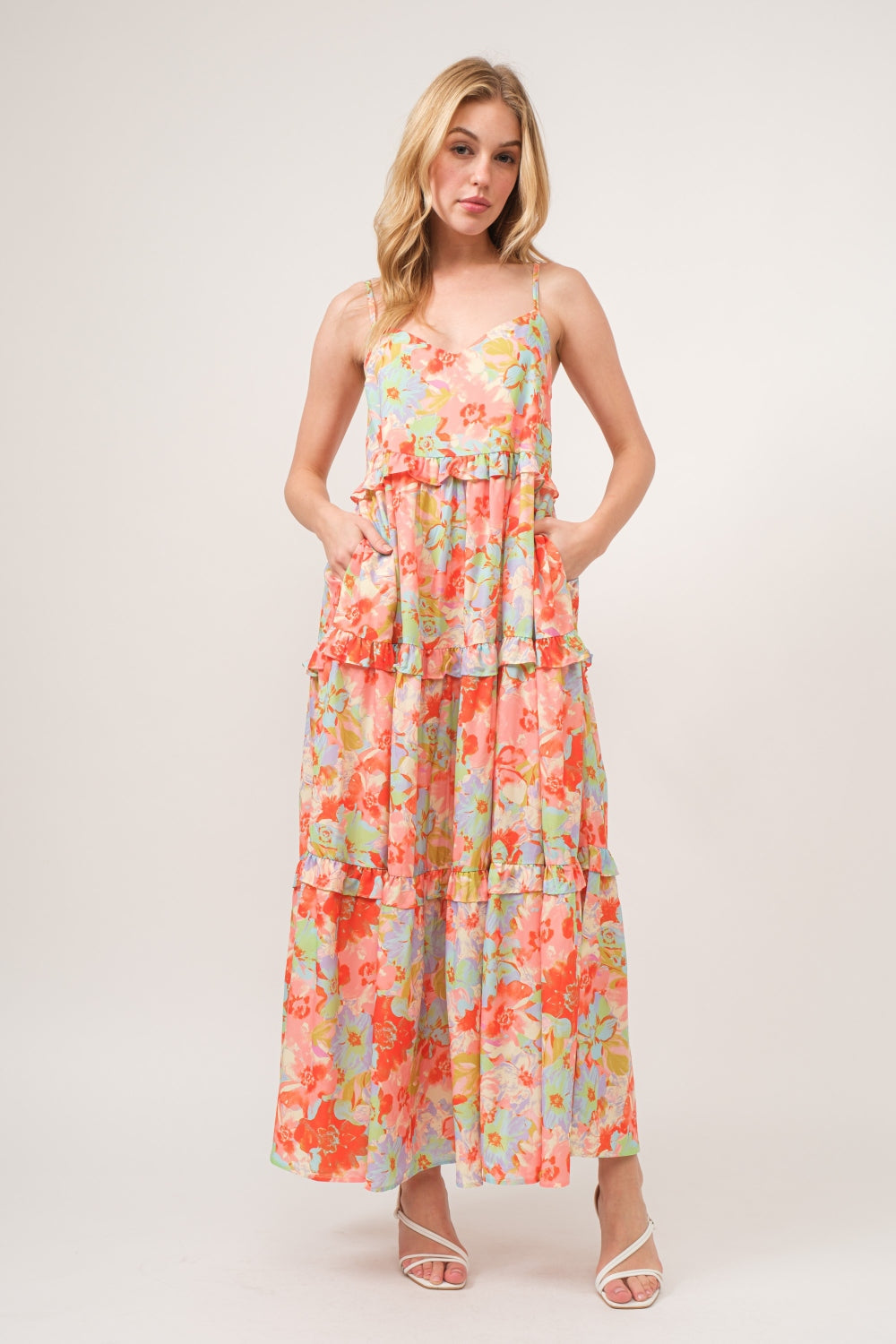 And The Why Floral Ruffled Tiered Maxi Adjustable Strap Cami Dress