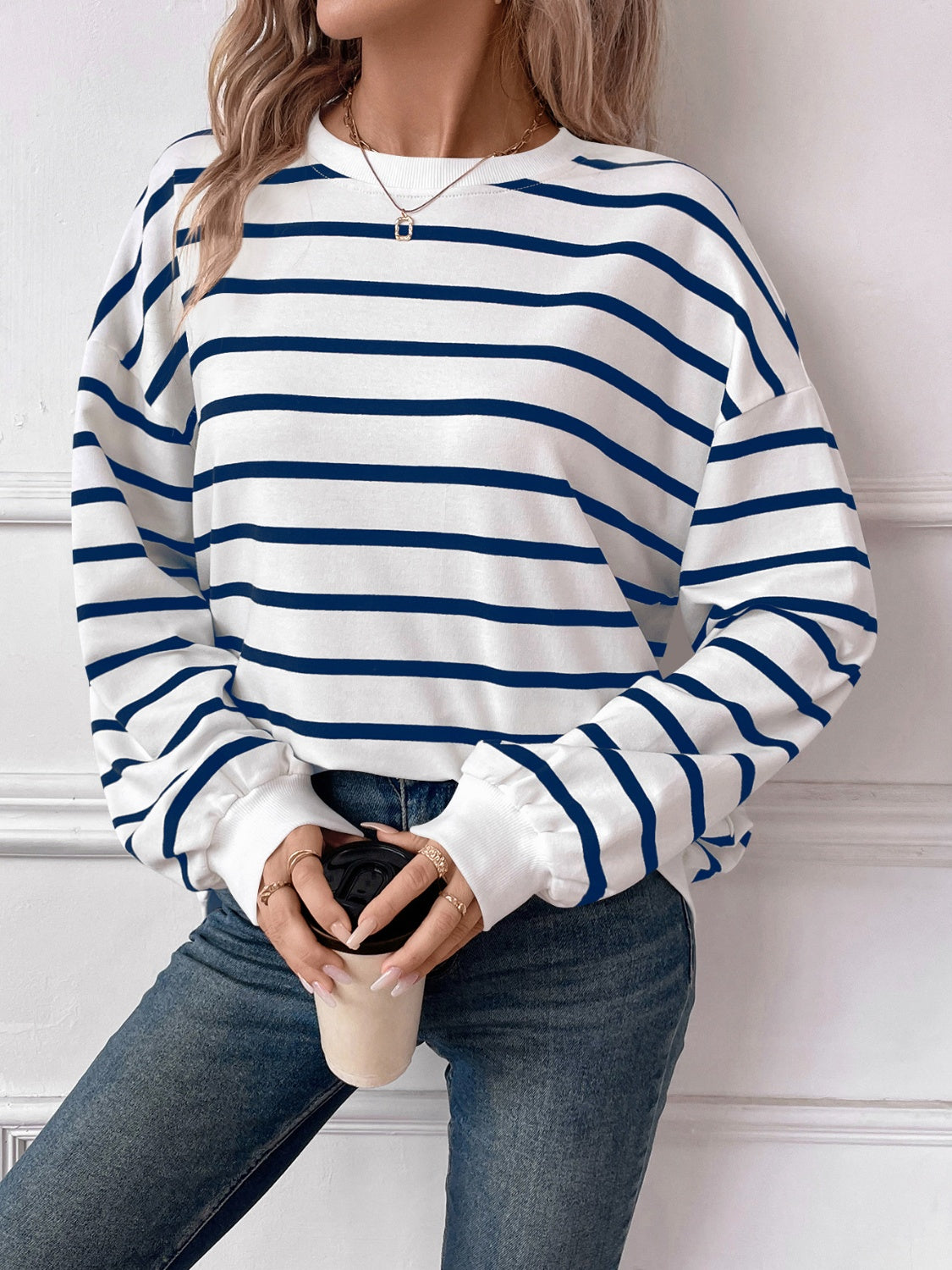 Striped Round Neck Long Sleeve Sweatshirt