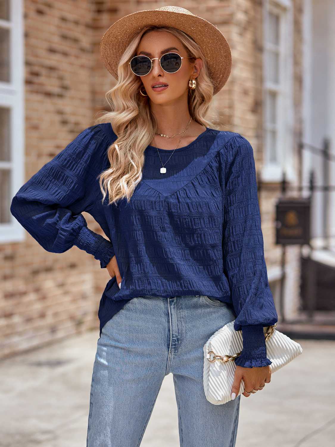 Round Neck Lantern Sleeve Blouse