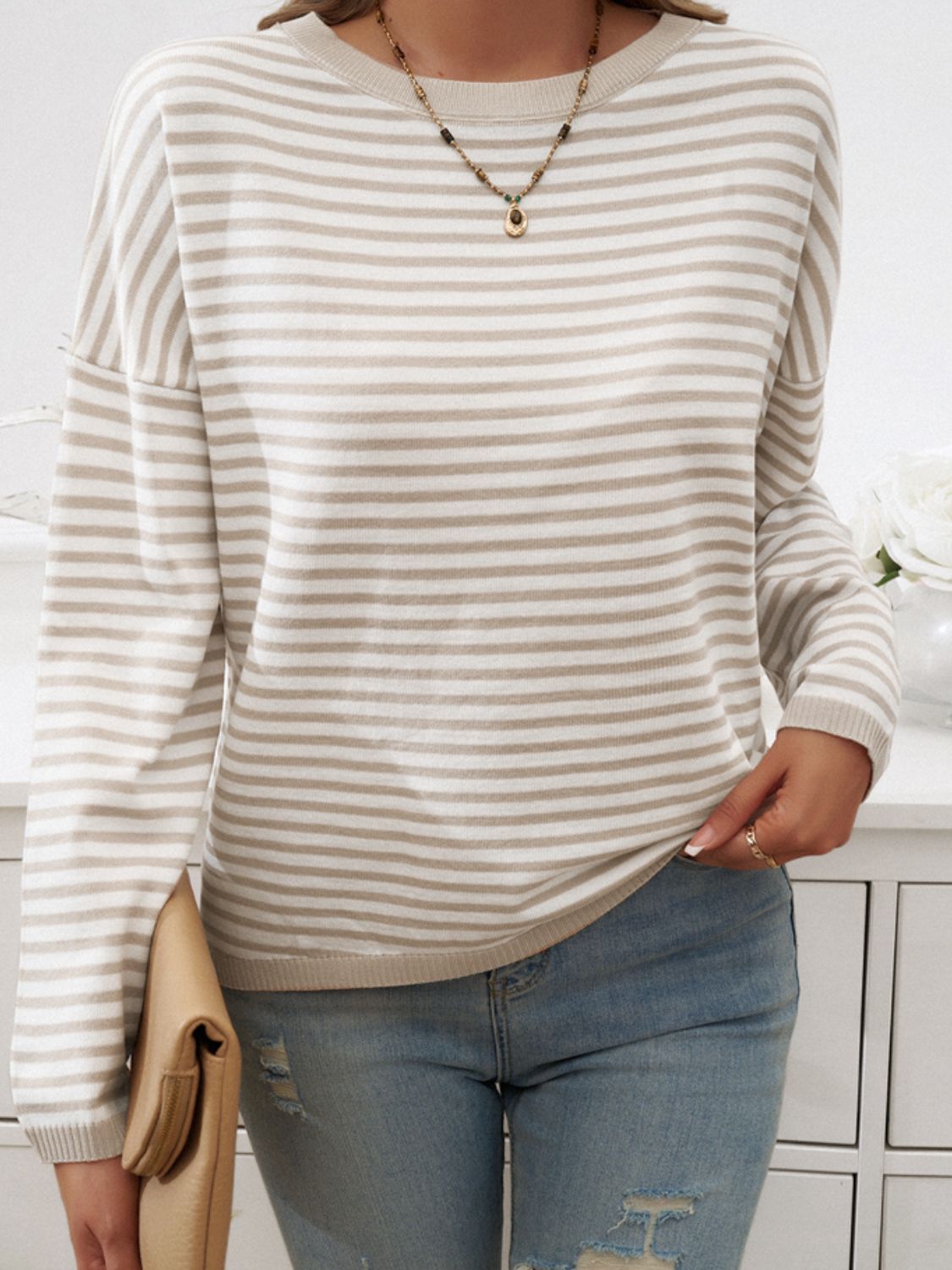 Striped Round Neck Dropped Shoulder Sweater