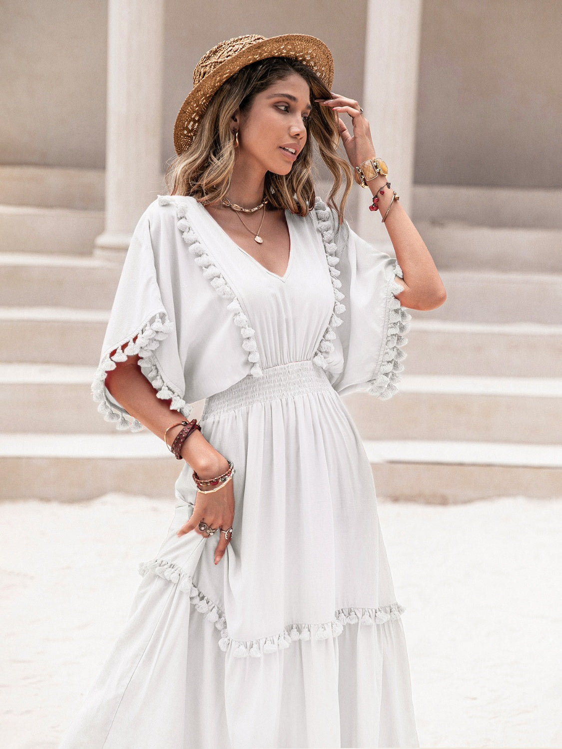 Tassel Trim Smocked V-Neck Short Sleeve Dress