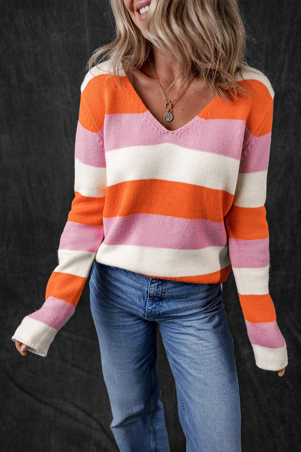 Color Block V-Neck Long Sleeve Sweater