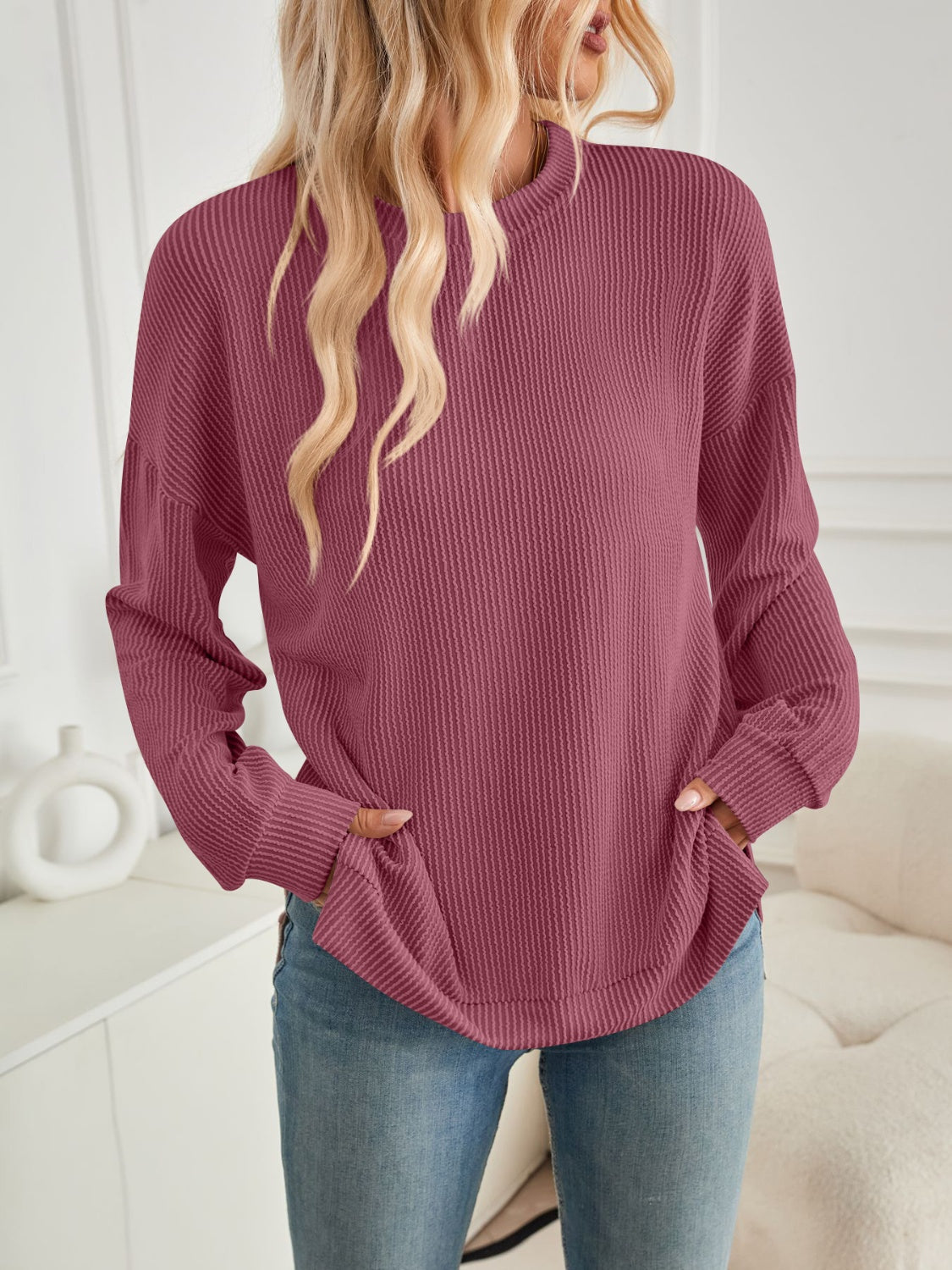 Slit Round Neck Long Sleeve Sweatshirt