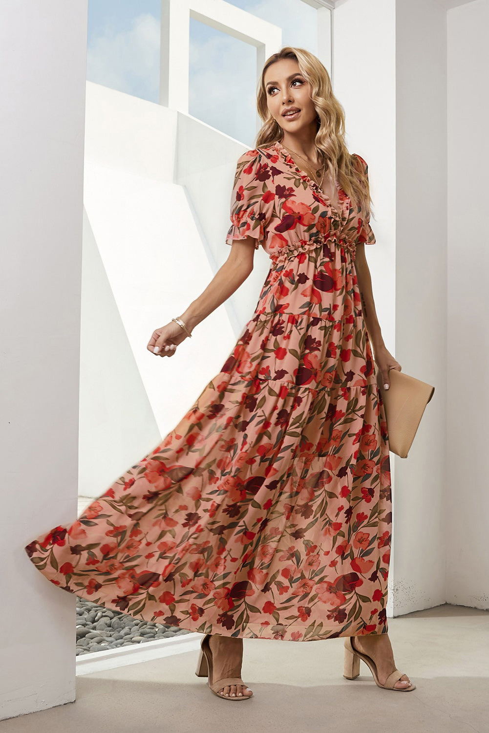 Floral V-Neck Short Flounce Sleeve Dress