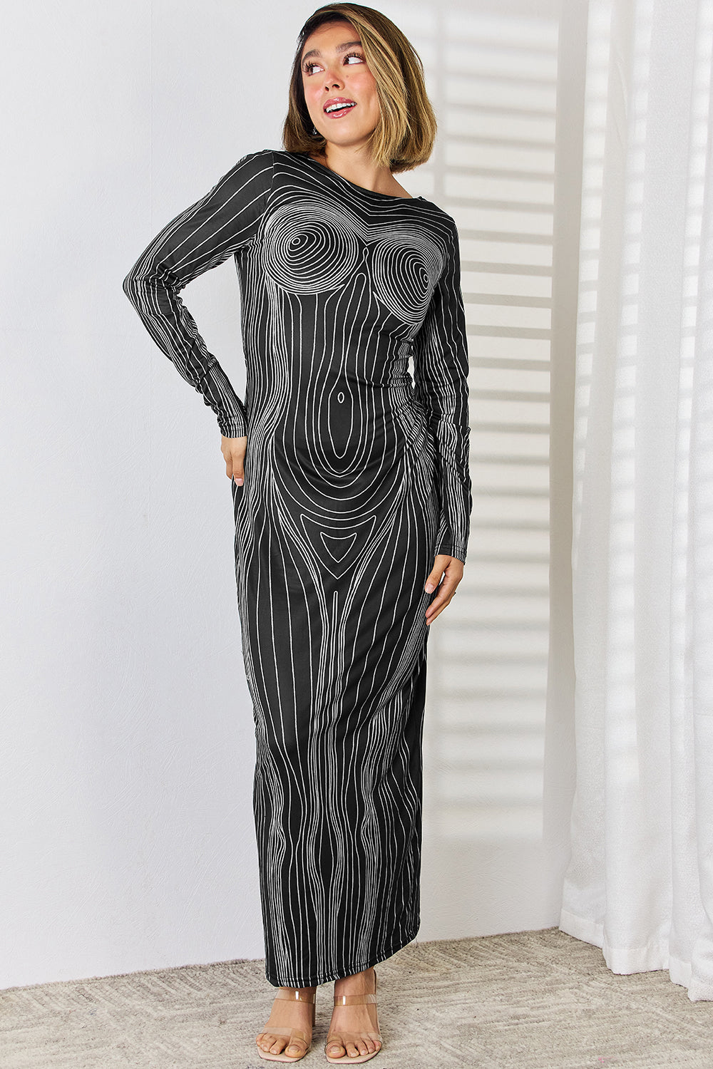 Cutout Round Neck Long Sleeve Maxi Dress