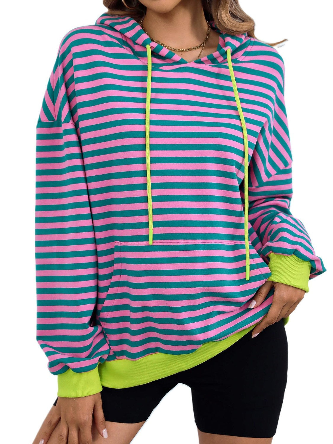 Drawstring Striped Long Sleeve Hoodie