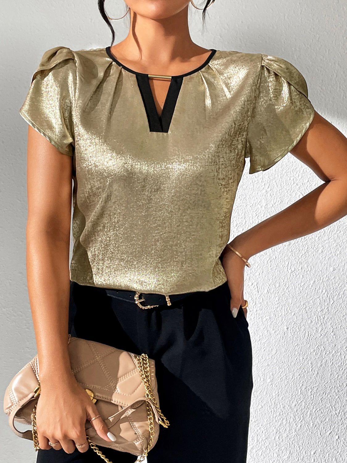 Cutout Round Neck Short Sleeve Blouse