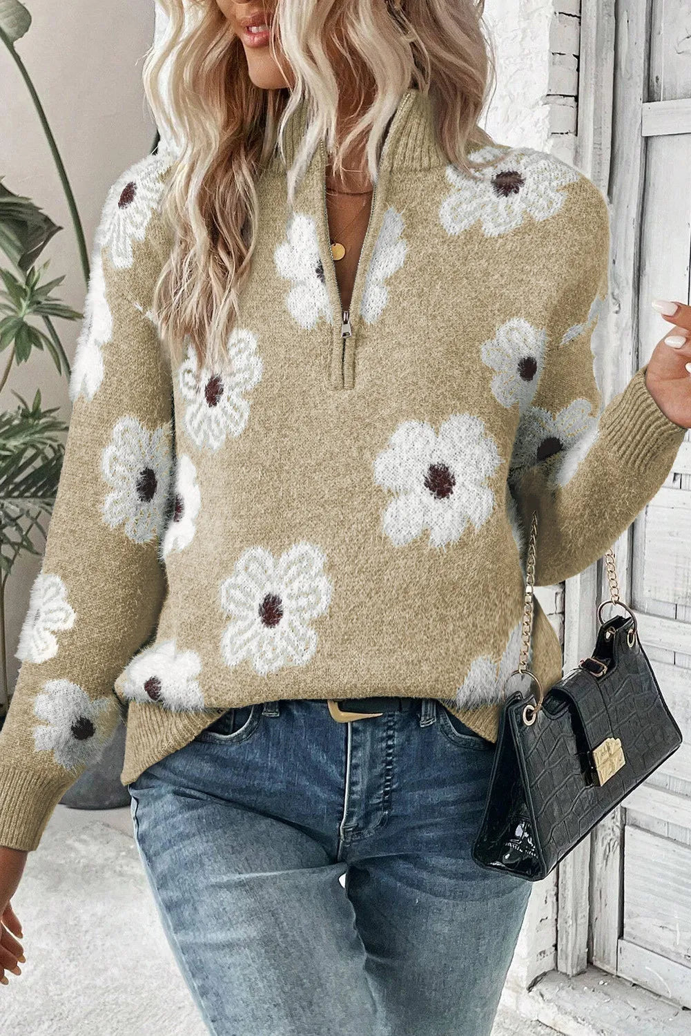 Flower Half Zip Long Sleeve Sweater