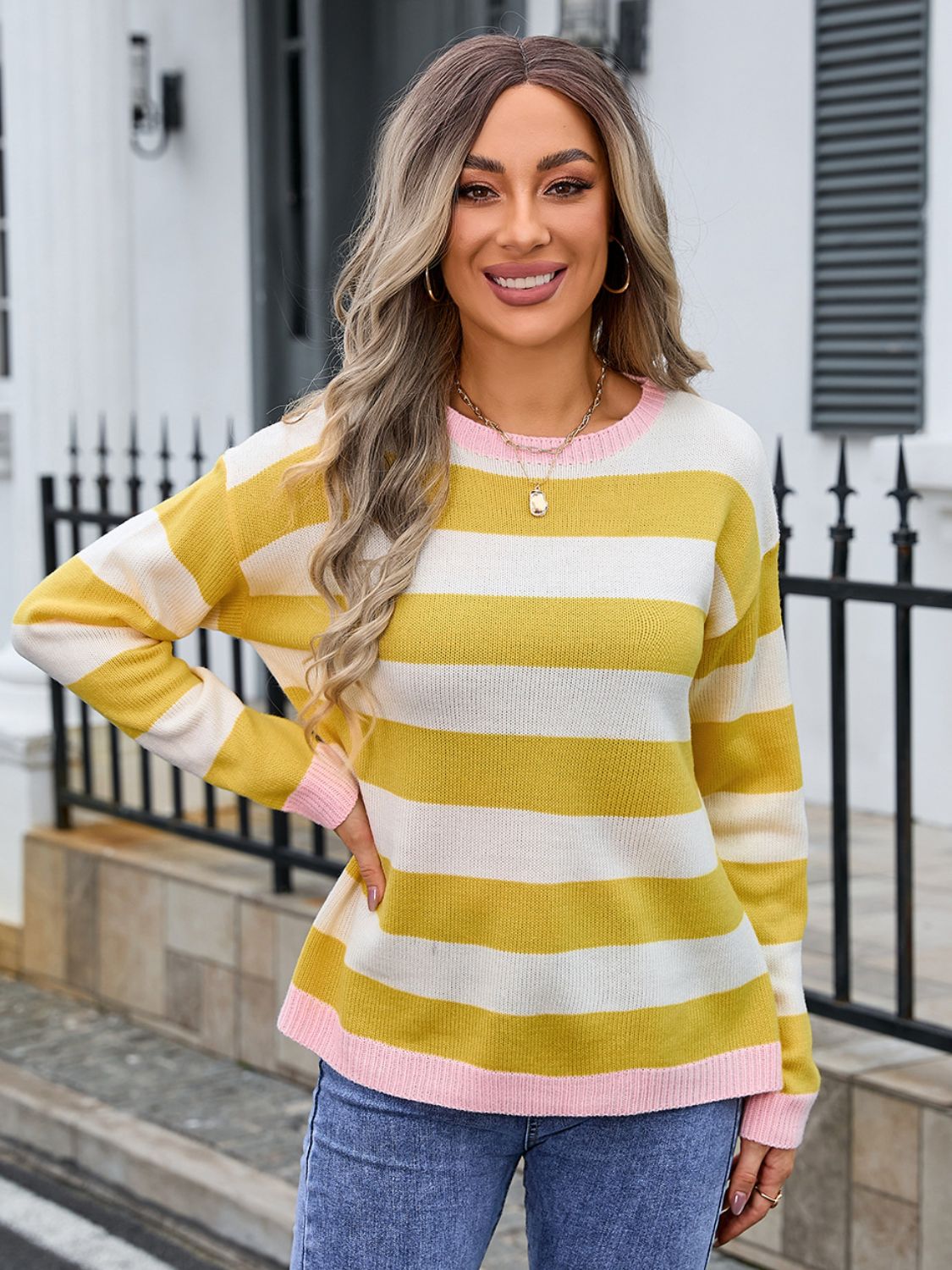 Striped Round Neck Dropped Shoulder Sweater