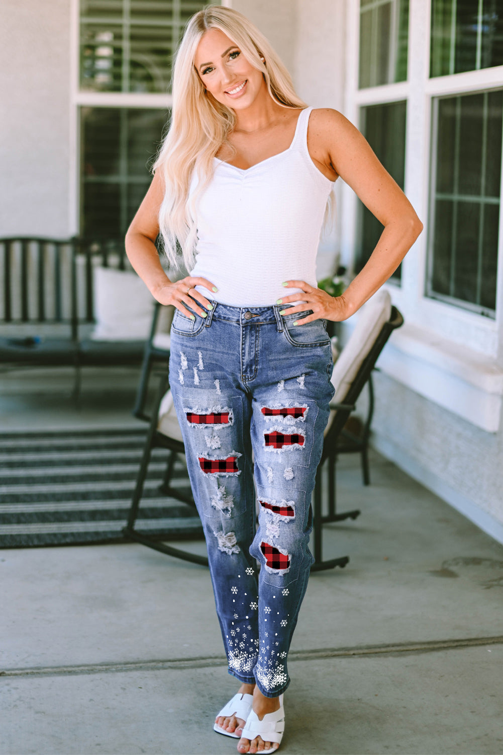 Plaid Snow Graphic Distressed Jeans