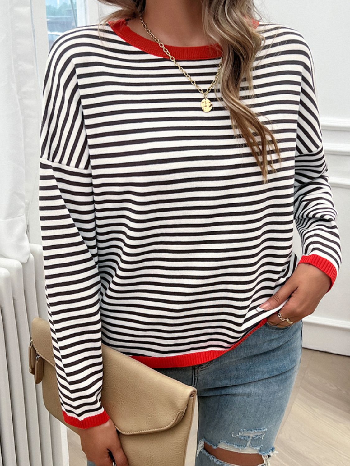 Striped Round Neck Dropped Shoulder Sweater