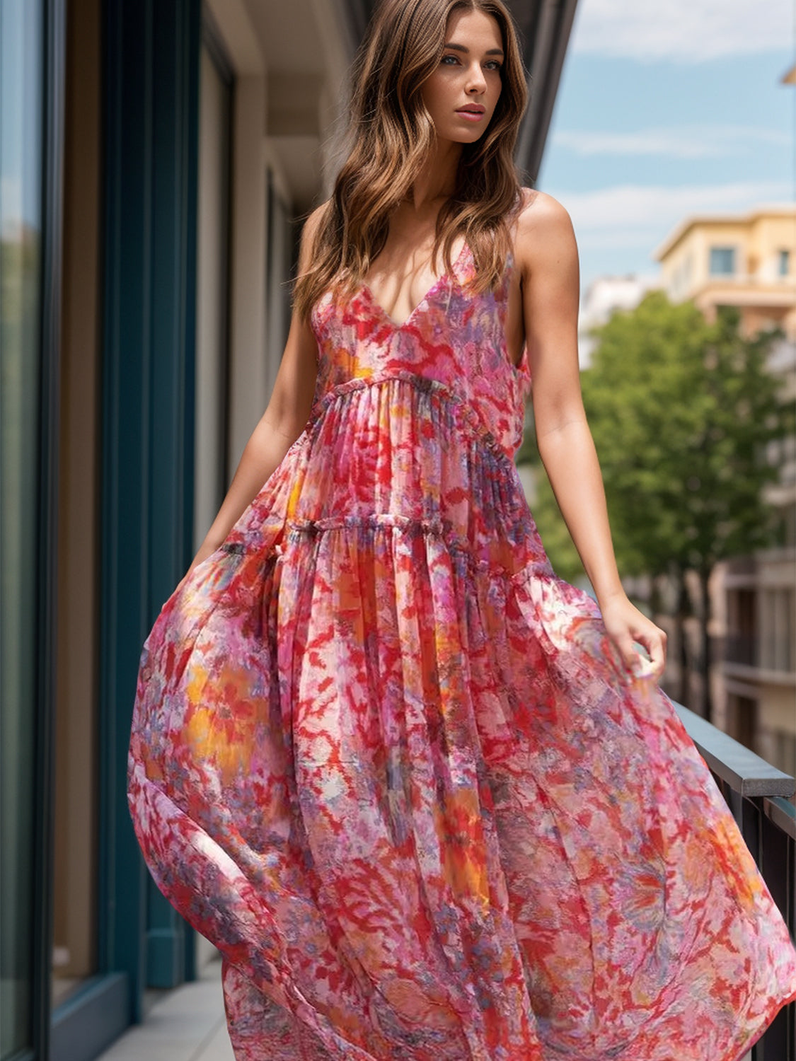 Tiered Printed V-Neck Sleeveless Dress