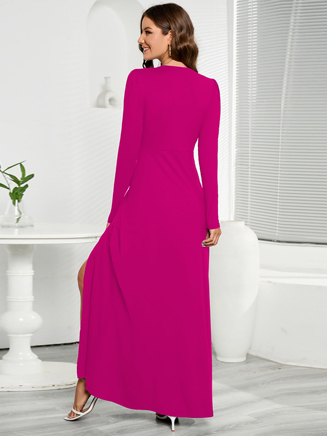 V-Neck Long Sleeve Split Dress