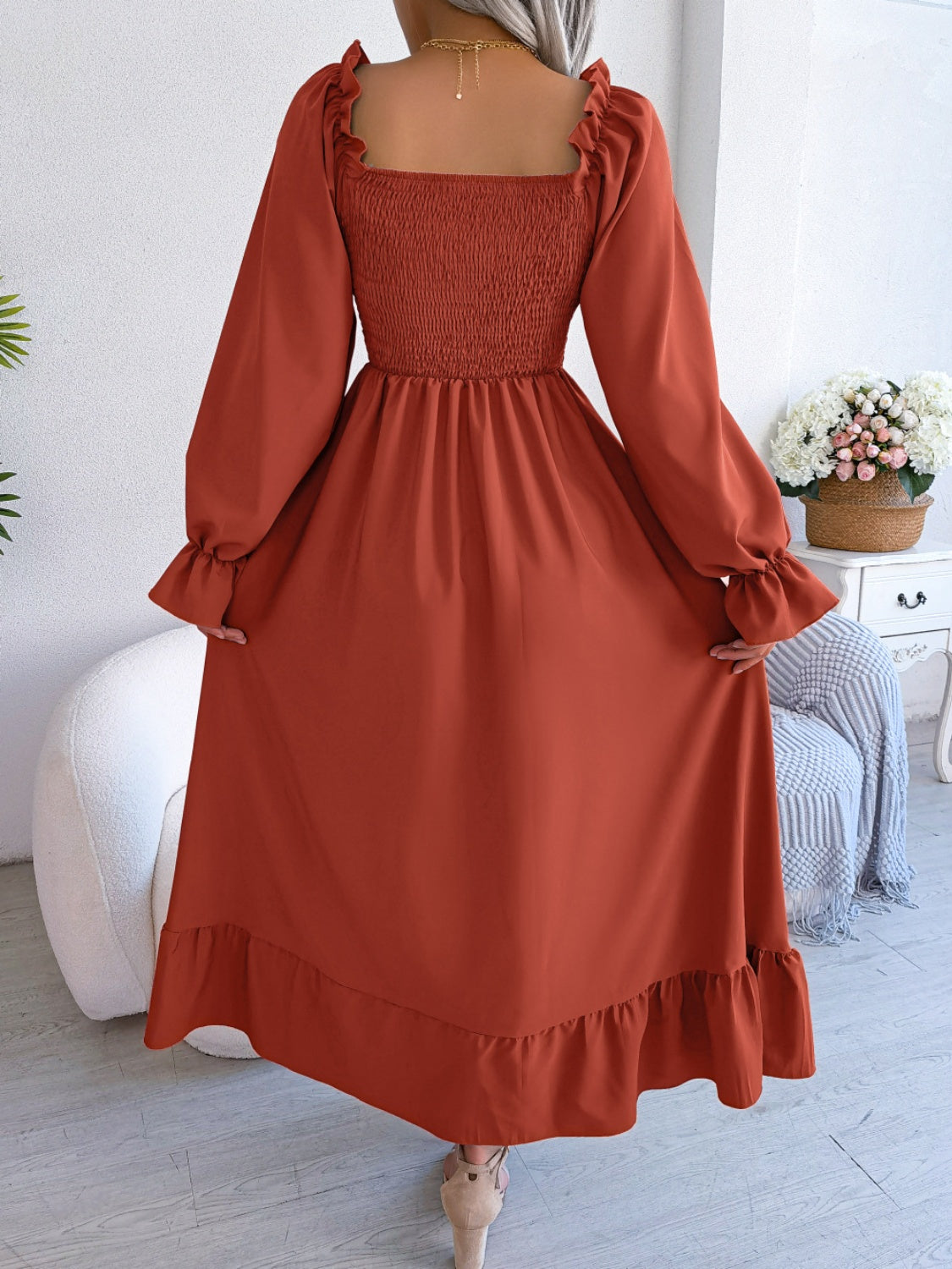 Smocked Square Neck Flounce Sleeve Dress