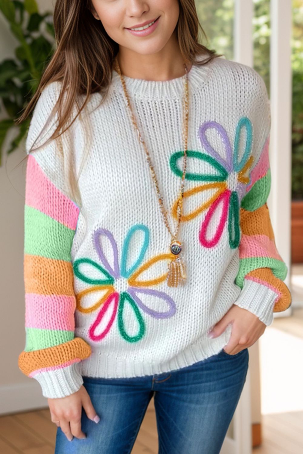 Color Block Round Neck Sweater