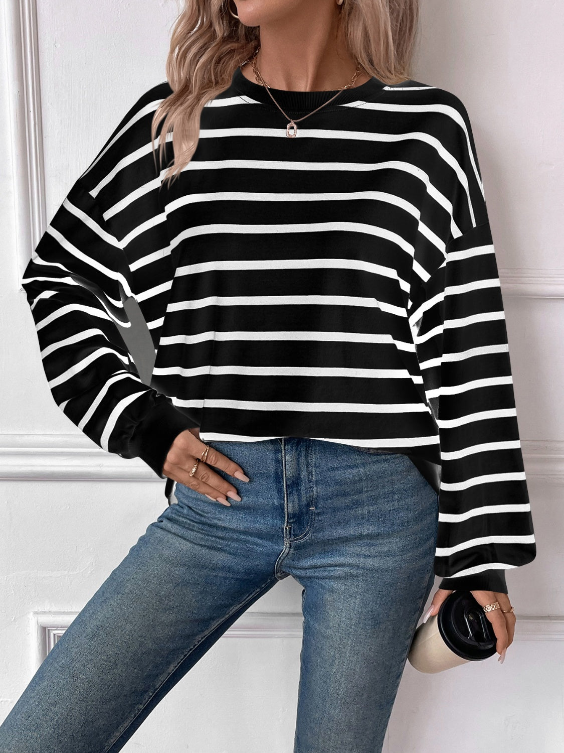 Striped Round Neck Long Sleeve Sweatshirt