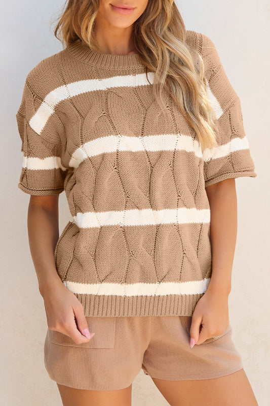 Striped Round Neck Short Sleeve Sweater