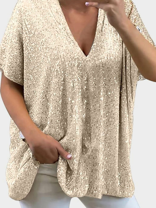 Full Size Sequin V-Neck Short Sleeve Top